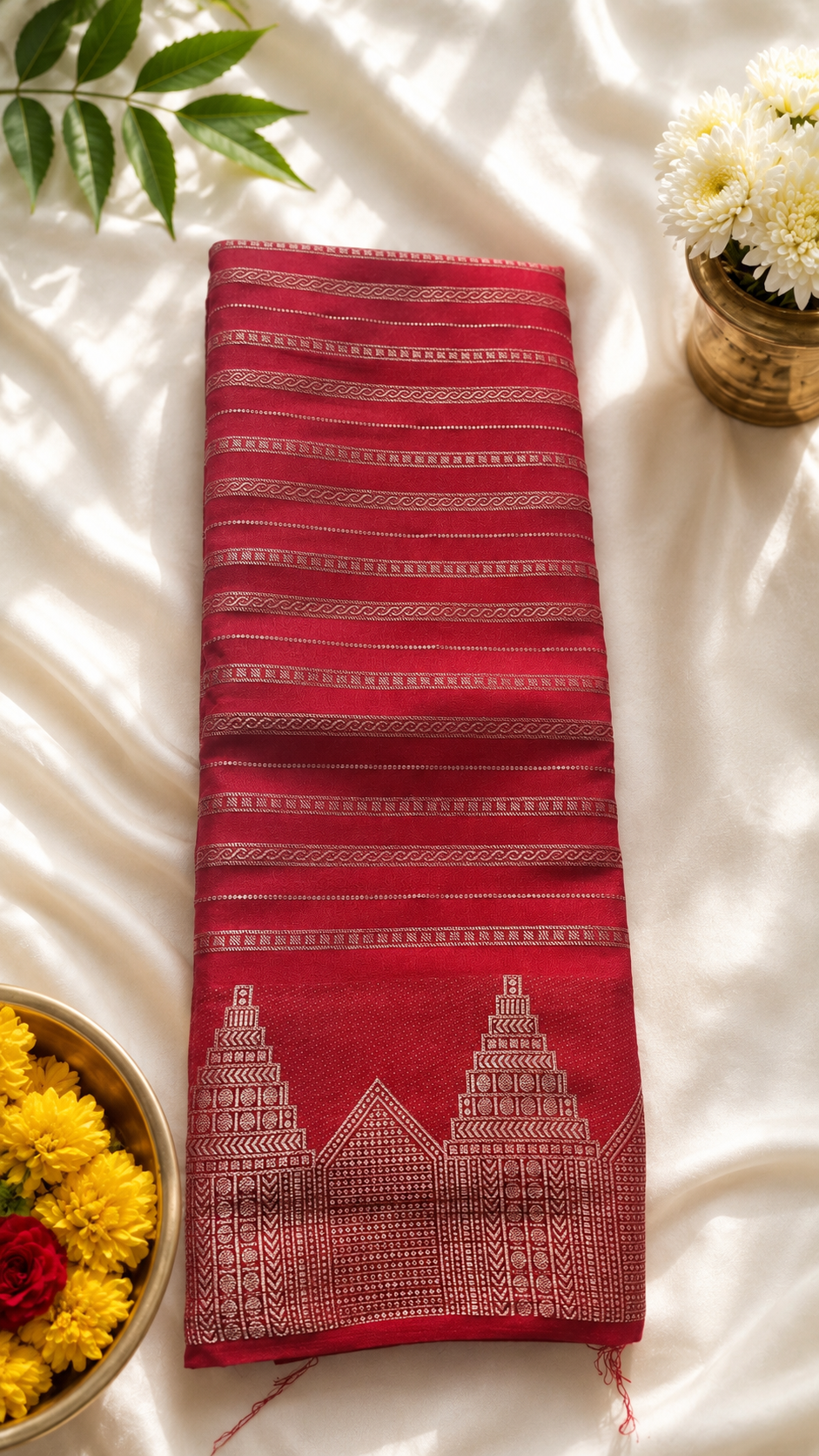 Sindoor Red Mysore Crepe Silk Saree – Silver Zari Veldhari Lines with Temple Border & Full Silver Zari Pallu