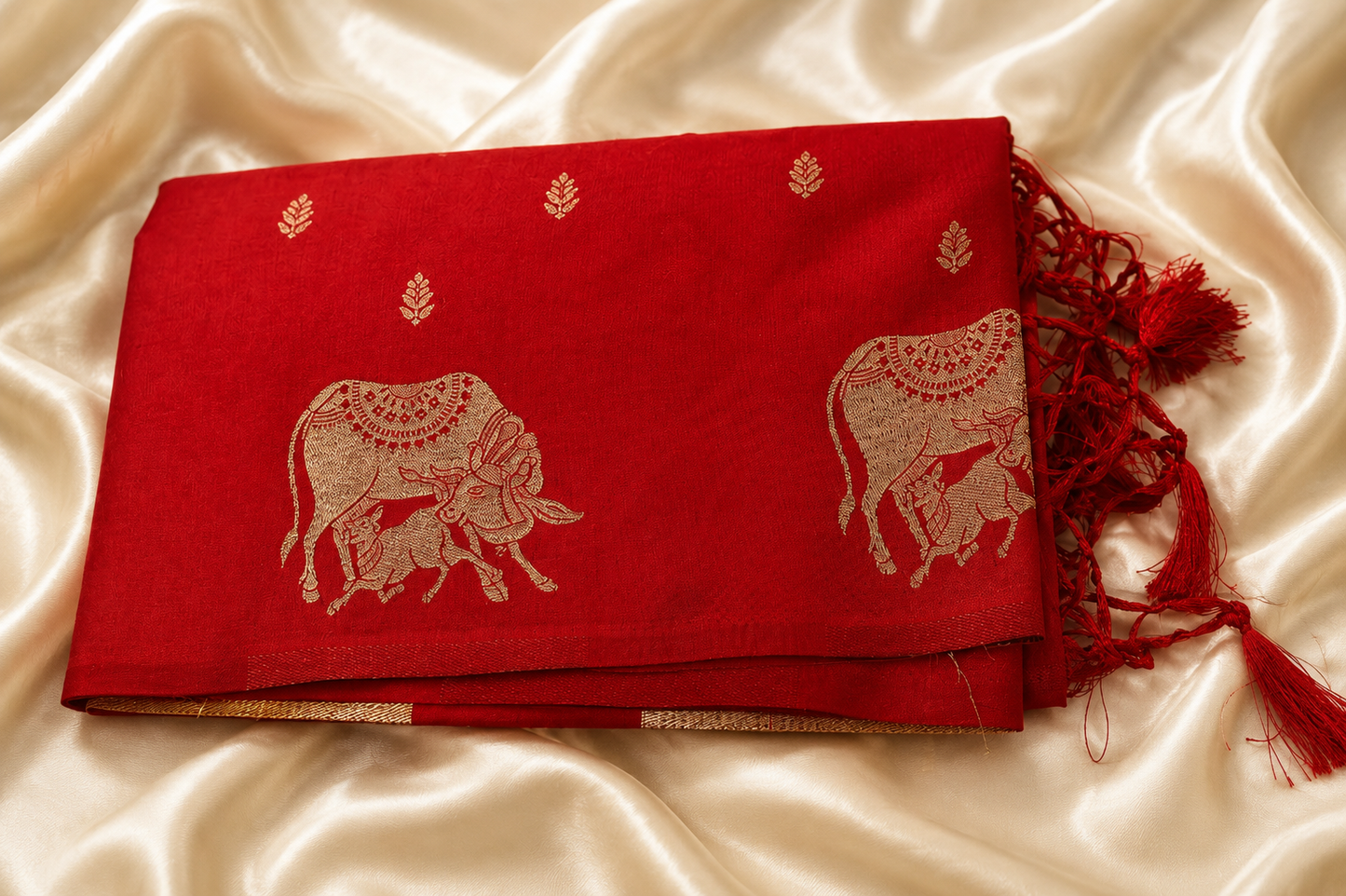Red Soft Silk Saree with Pichwai Cow & Calf Art and Full Zari Pallu