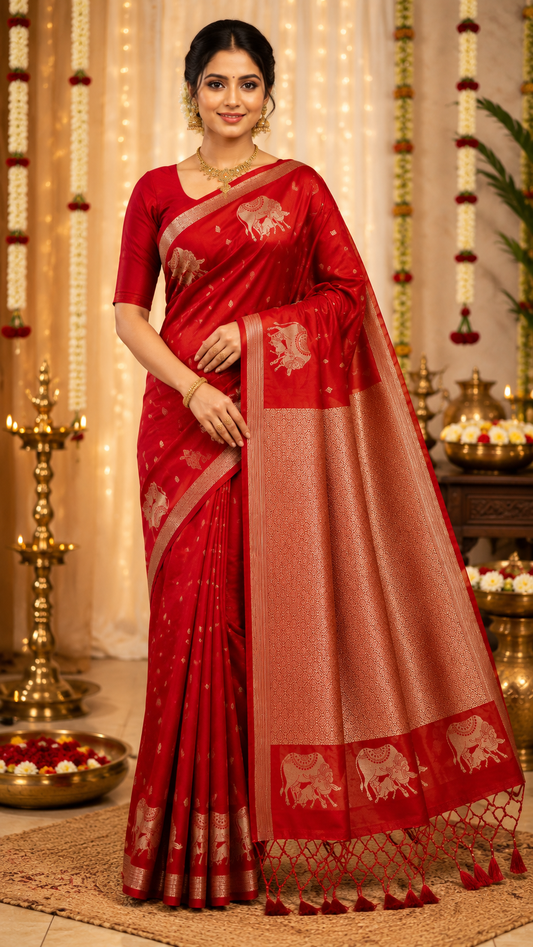Red Soft Silk Saree with Pichwai Cow & Calf Art and Full Zari Pallu