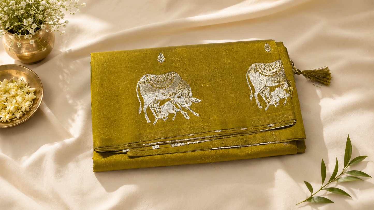 Pichwai Kamdhenu Soft Silk Saree in Mustard Yellow with Silver Zari Pallu