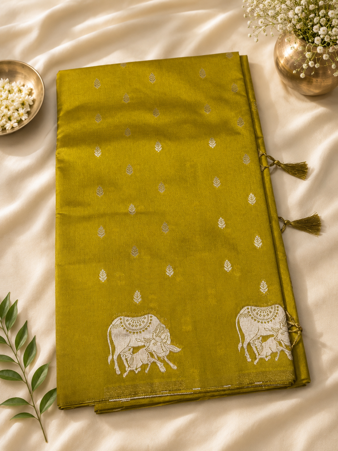 Pichwai Kamdhenu Soft Silk Saree in Mustard Yellow with Silver Zari Pallu