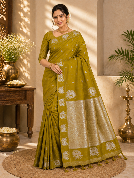 Pichwai Kamdhenu Soft Silk Saree in Mustard Yellow with Silver Zari Pallu