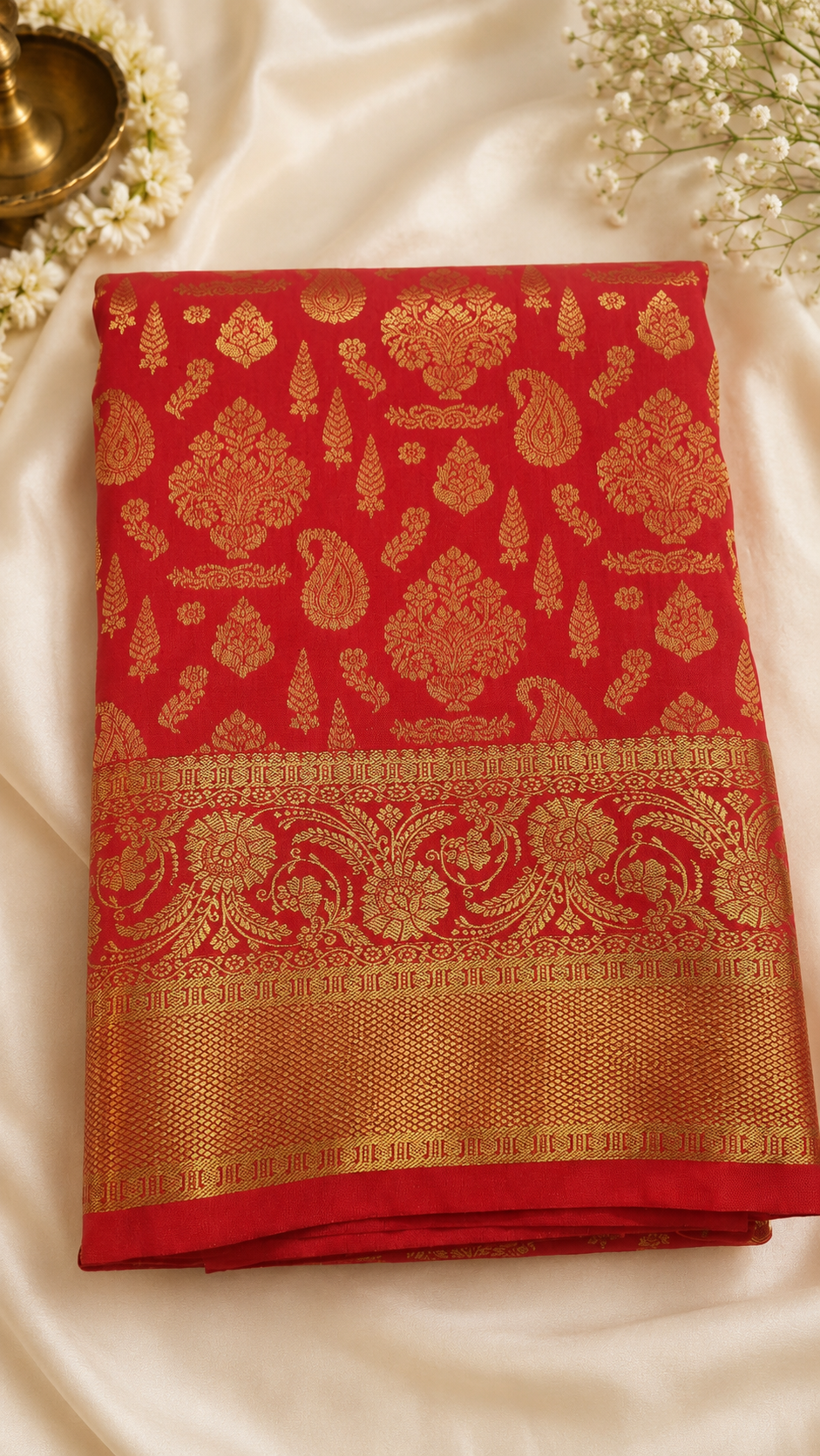 Red Silk Saree with Golden Zari Border & Floral Motifs