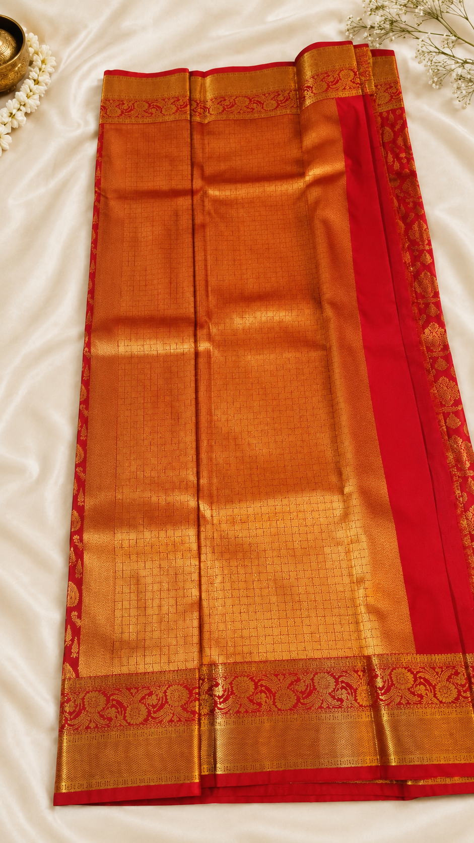 Red Silk Saree with Golden Zari Border & Floral Motifs
