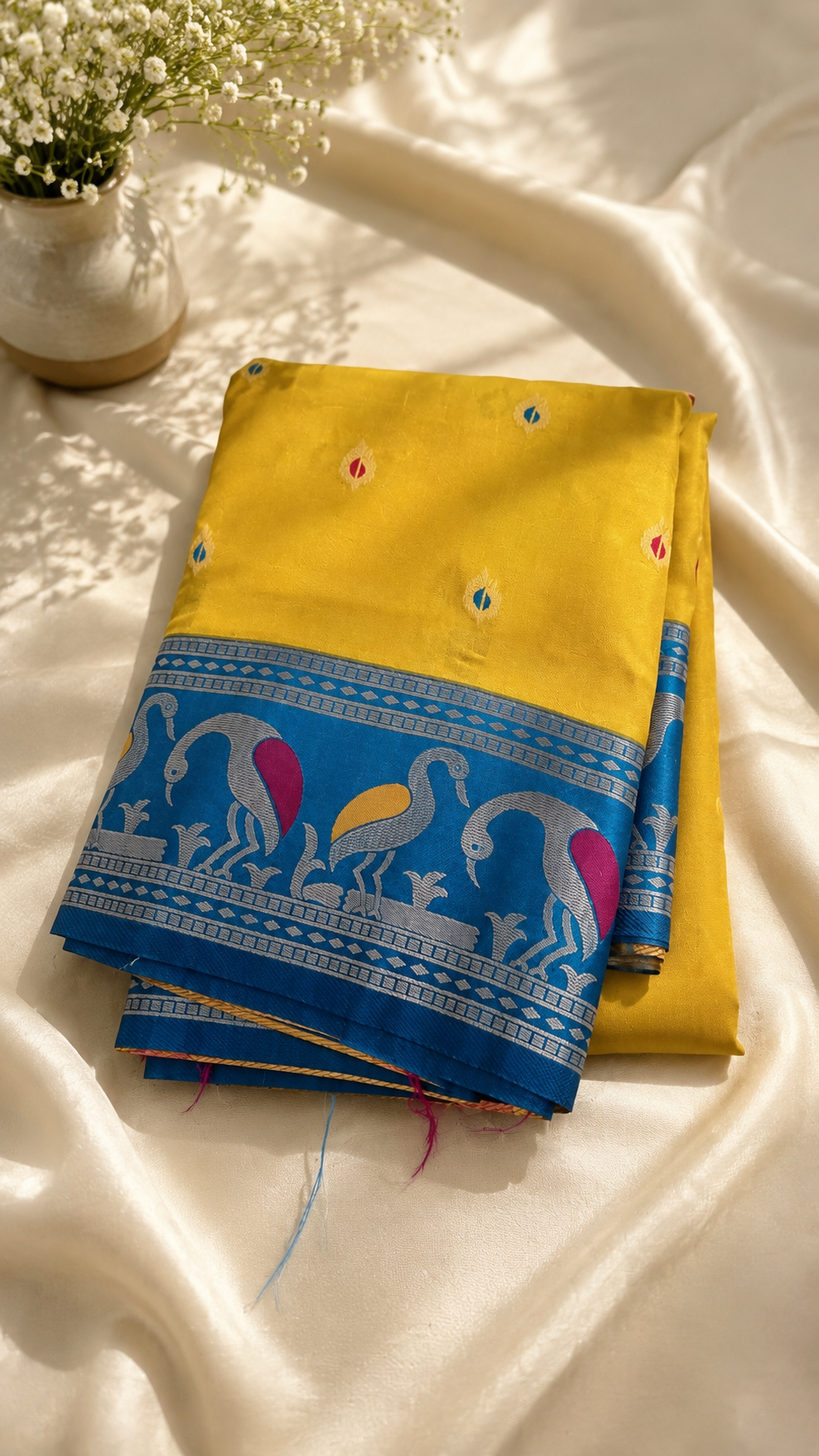 Yellow Soft Silk Saree | Annapakshi Hamsa Border | Contrast Blue Full Zari Pallu | Multicolour Motifs | Blouse Piece Included