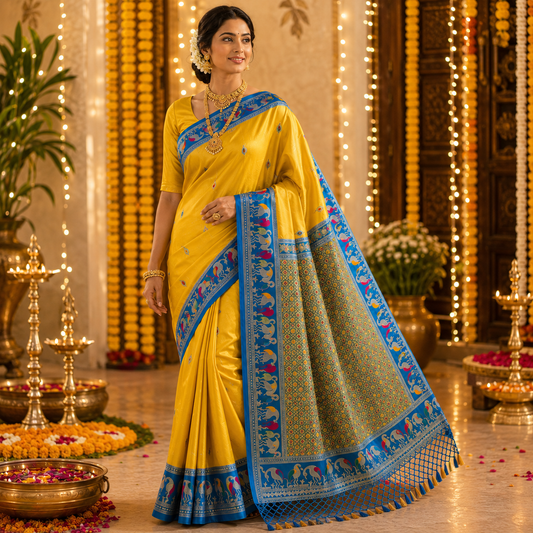 Yellow Soft Silk Saree | Annapakshi Hamsa Border | Contrast Blue Full Zari Pallu | Multicolour Motifs | Blouse Piece Included