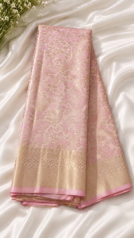 Pink Floral Soft Silk Kanjivaram Saree with Golden Pallu