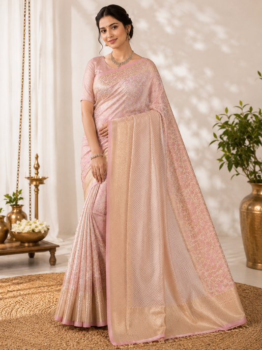 Pink Floral Soft Silk Kanjivaram Saree with Golden Pallu