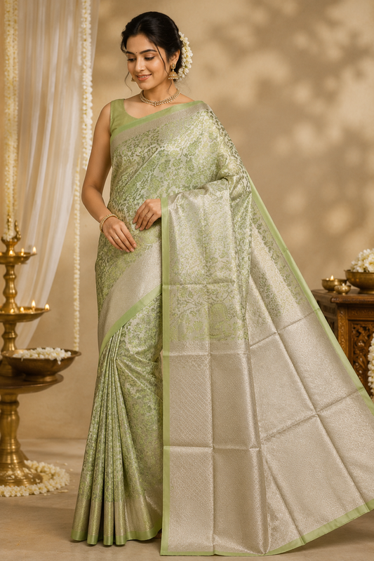 Soft Silk Green Kanjivaram Saree with Floral & Silver Zari Motifs