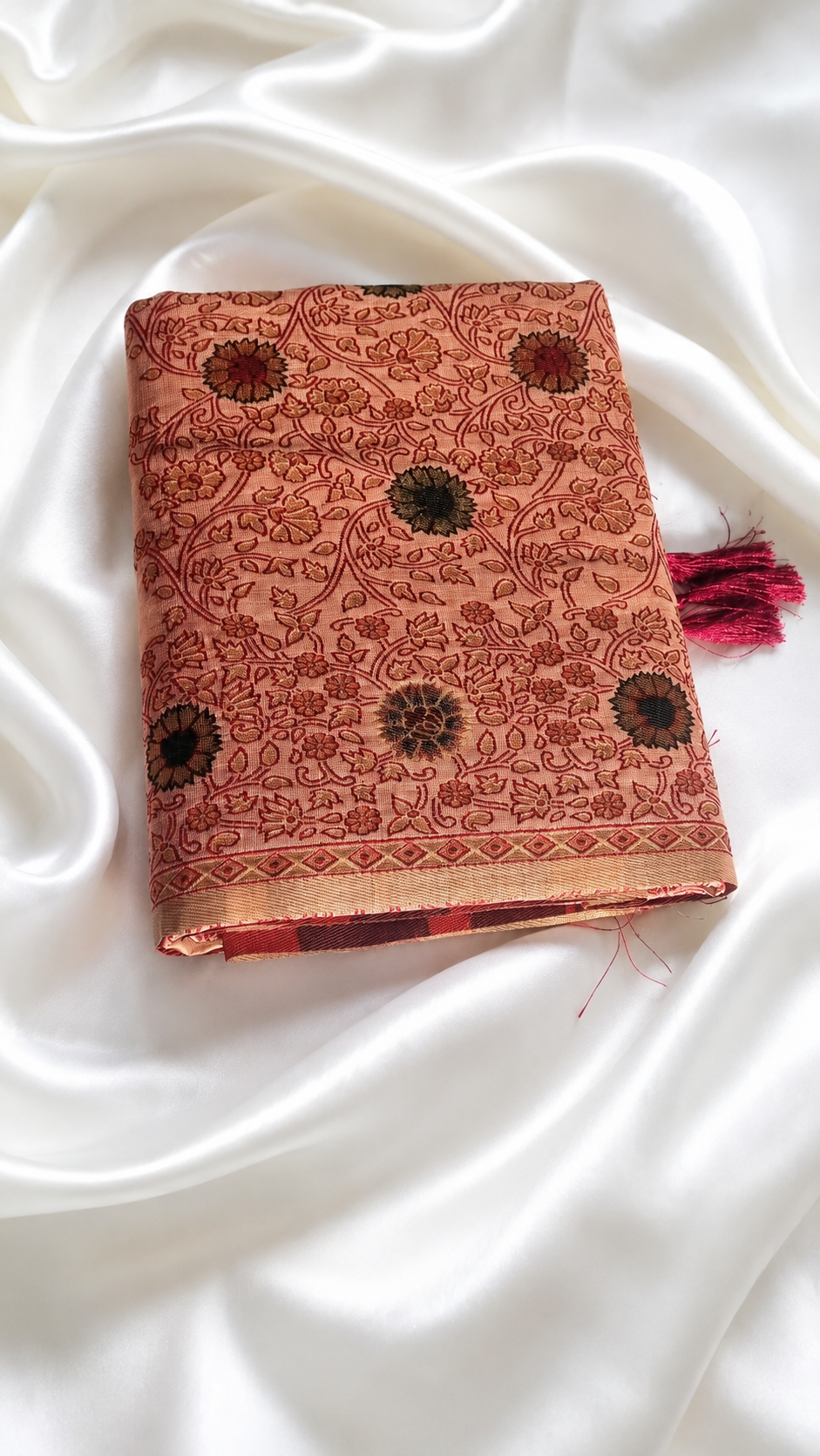 Brick Orange Cotton Silk Saree with Brown Floral Embroidery