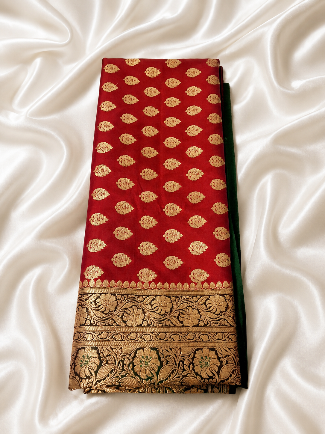 Red Banarasi Silk Saree with Green Zari Floral Border & Pallu