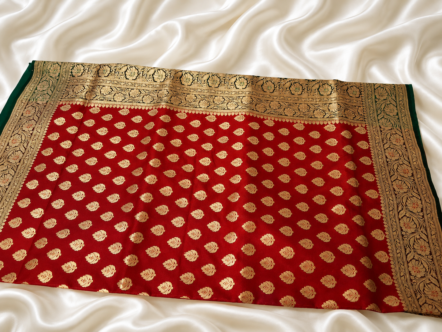 Red Banarasi Silk Saree with Green Zari Floral Border & Pallu