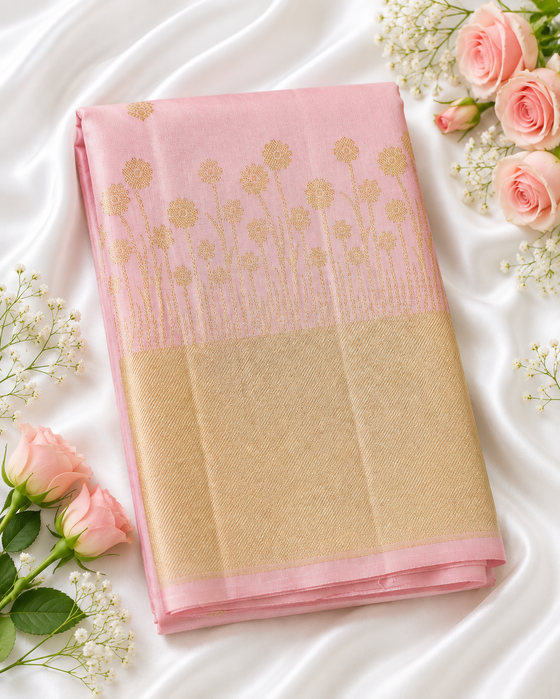 Baby Pink Kanjivaram Silk Saree with Rich Golden Zari Border