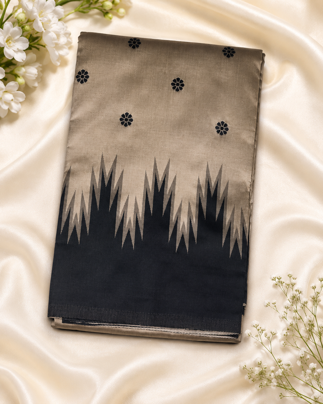 Ash Grey Kanjivaram Semi-Silk Saree with Black Temple Border