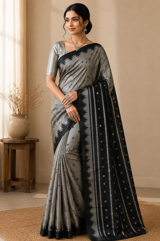 Ash Grey Kanjivaram Semi-Silk Saree with Black Temple Border