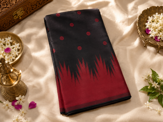 Semi-Silk Kanjivaram Saree – Black with Red Temple Border & Bhutta Work