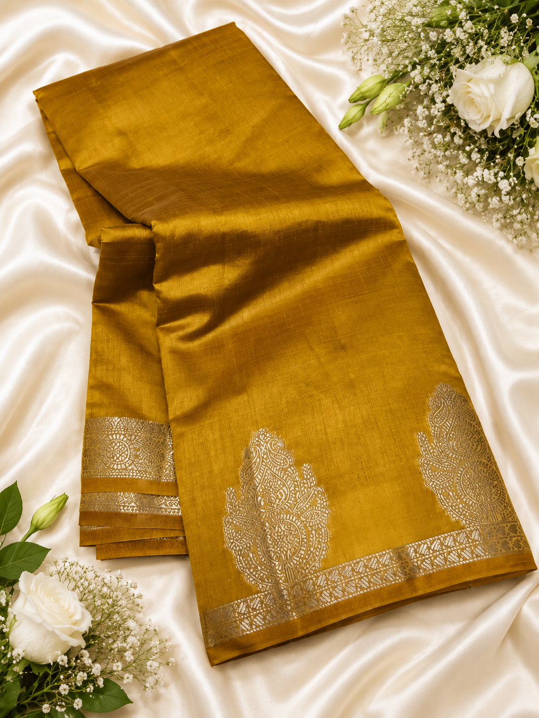Mustard Yellow Kanchipuram Tussar Silk Saree with Golden Zari Bhutta Border & Blouse Piece