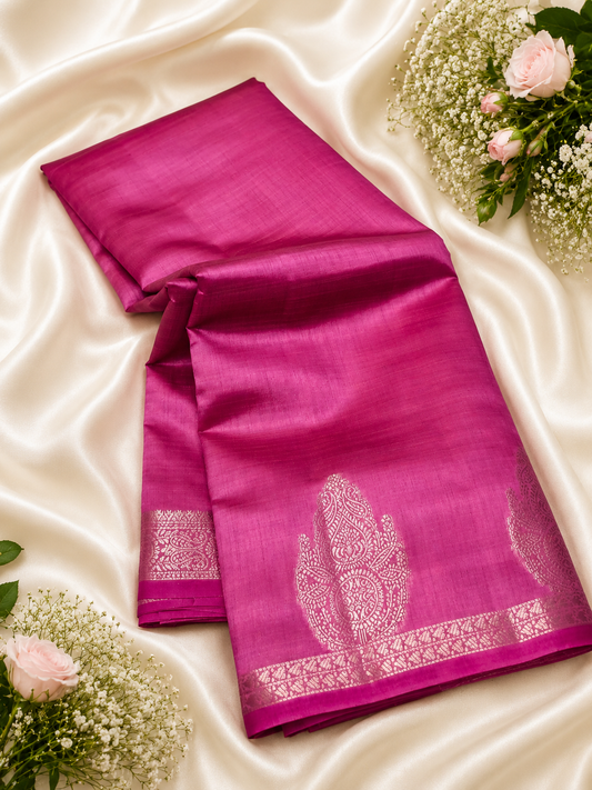 Rani Pink Kanchipuram Tussar Silk Saree with Golden Zari Bhutta Border & Blouse Piece