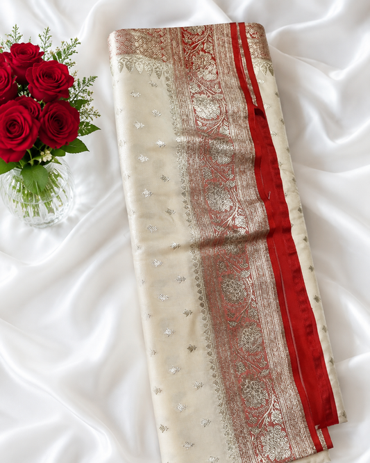 Ivory White & Ruby Red Banarasi Silk Saree with Silver Zari Weaving