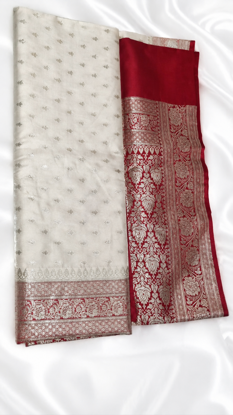 Ivory White & Ruby Red Banarasi Silk Saree with Silver Zari Weaving