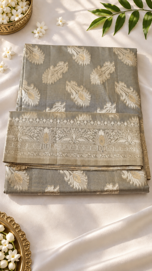 Elegant Grey Sage with Zari Motifs - Soft Silk Saree