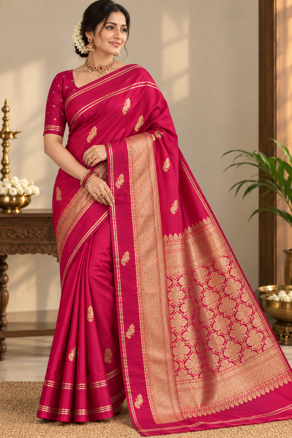 Royal Red Semi-Silk Saree with Gold Zari Brocade Pallu ✨