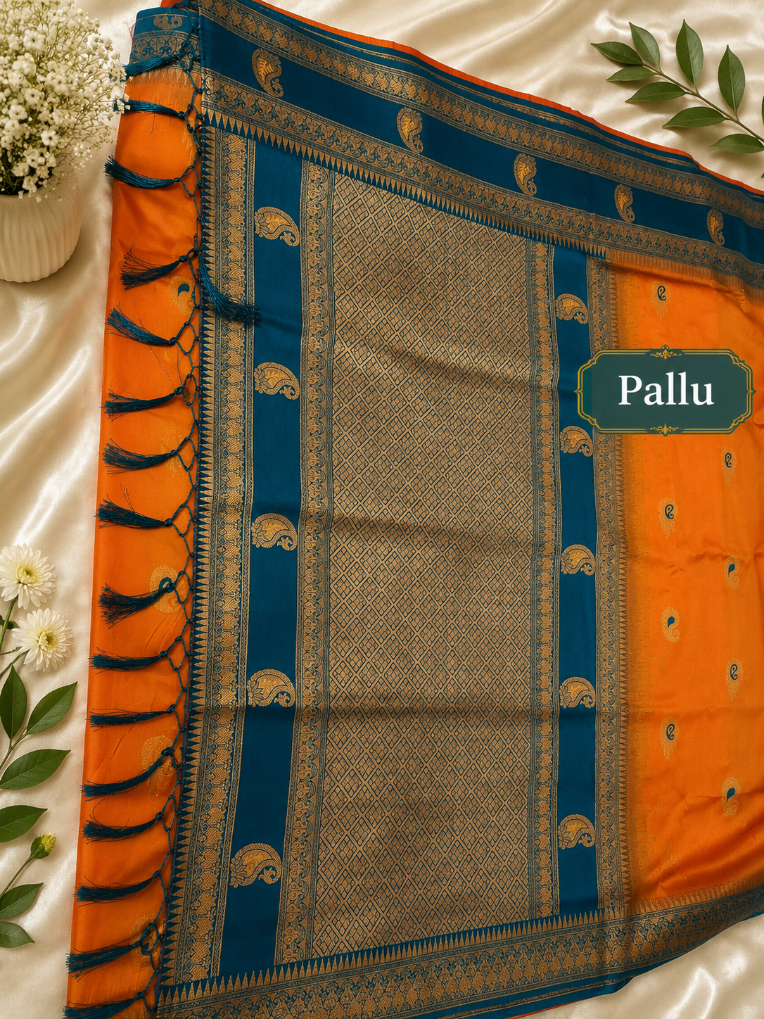 Saffron Dusk Soft Silk Saree with Peacock Blue Zari Pallu