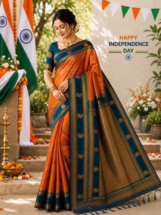Saffron Dusk Soft Silk Saree with Peacock Blue Zari Pallu