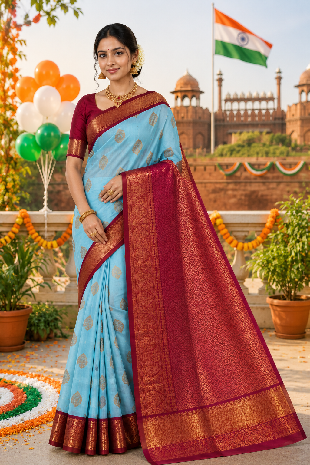 Graceful Sky Blue Kanjivaram Saree with Maroon Border & Zari
