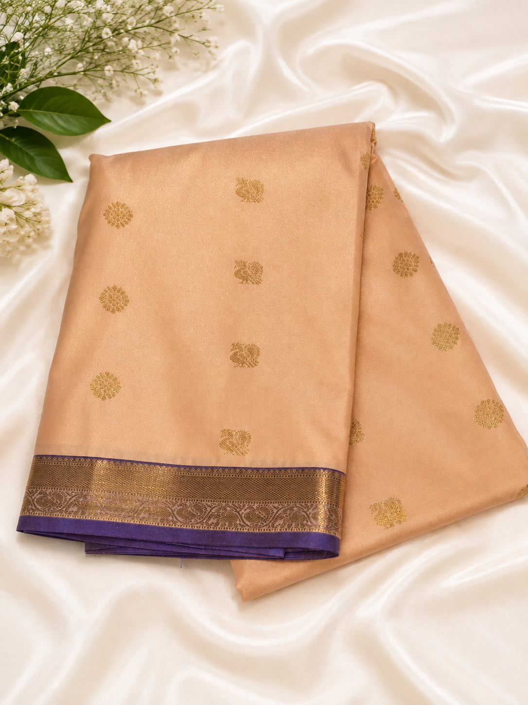 🌸 Beige-Peach Kanjivaram Soft Silk Saree with Rudraksha &amp; Annapakshi Zari Motifs