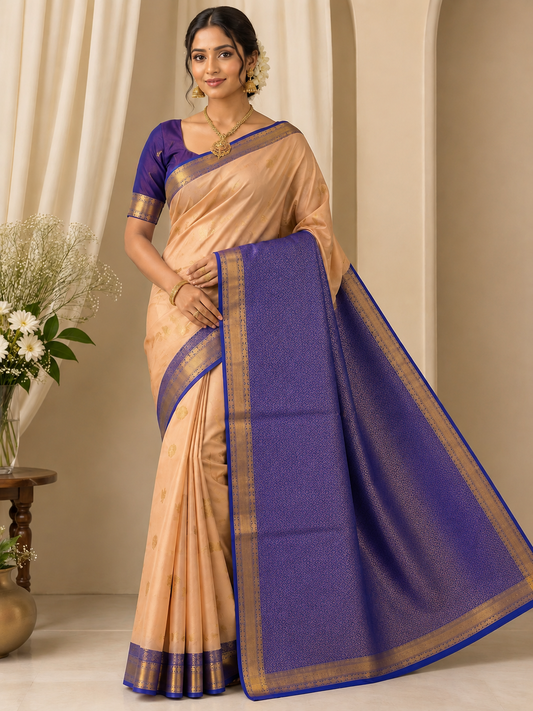 🌸 Beige-Peach Kanjivaram Soft Silk Saree with Rudraksha &amp; Annapakshi Zari Motifs