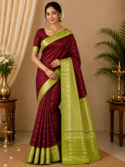 Deep Maroon Soft Silk Saree with Contrast Olive Green Border