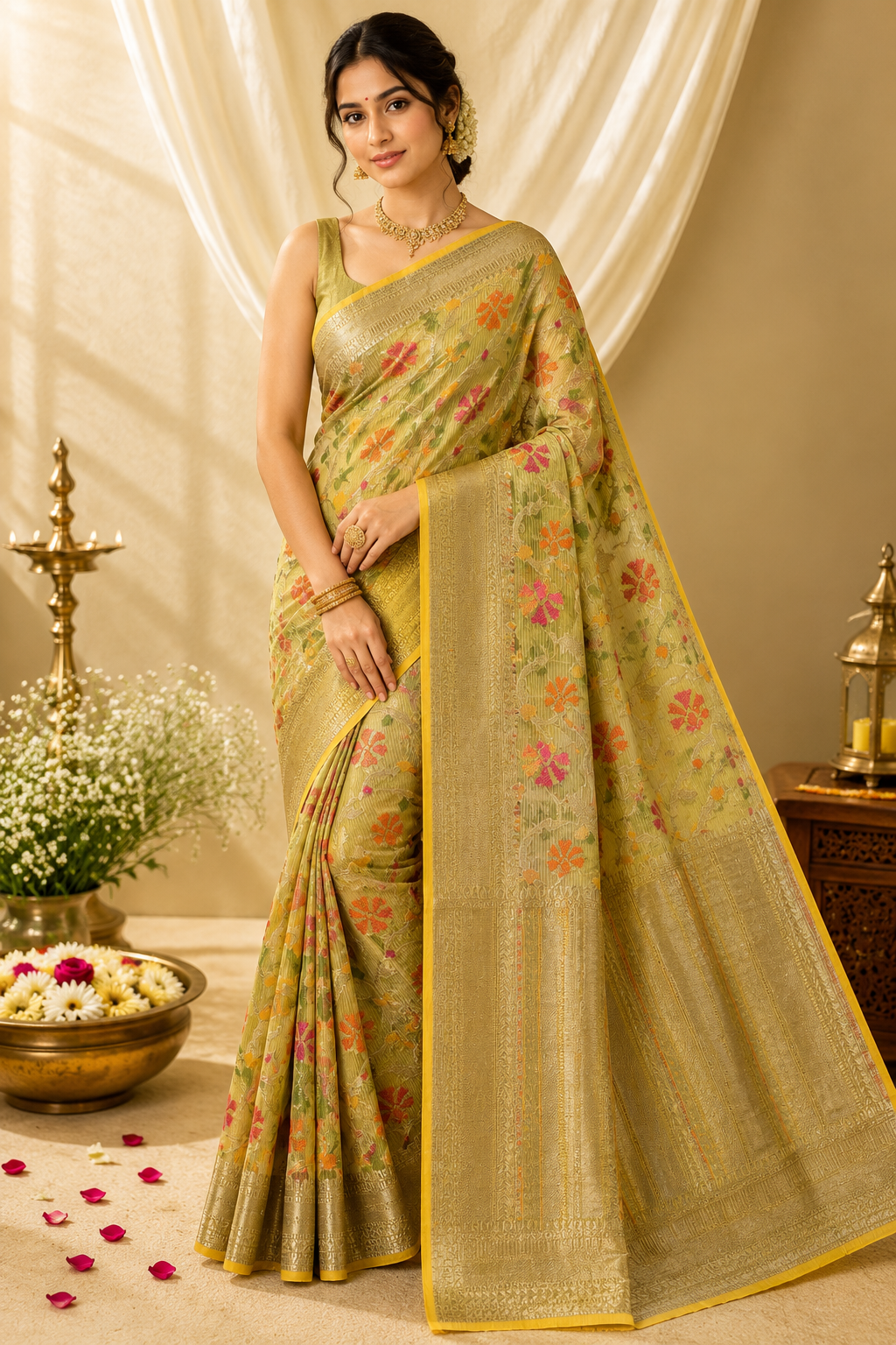 🌸 Pistachio Green Banarasi Soft Silk Kanjivaram Saree
