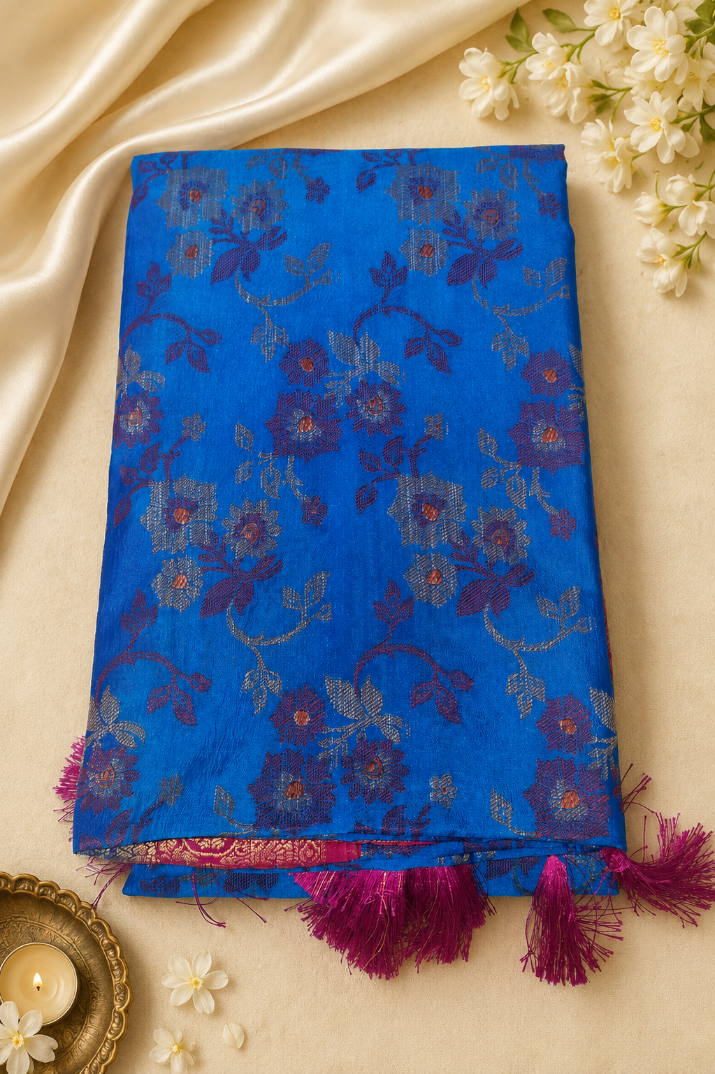 Turquoise Blue Soft Silk Kanjivaram Saree with Magenta Pink Zari Pallu