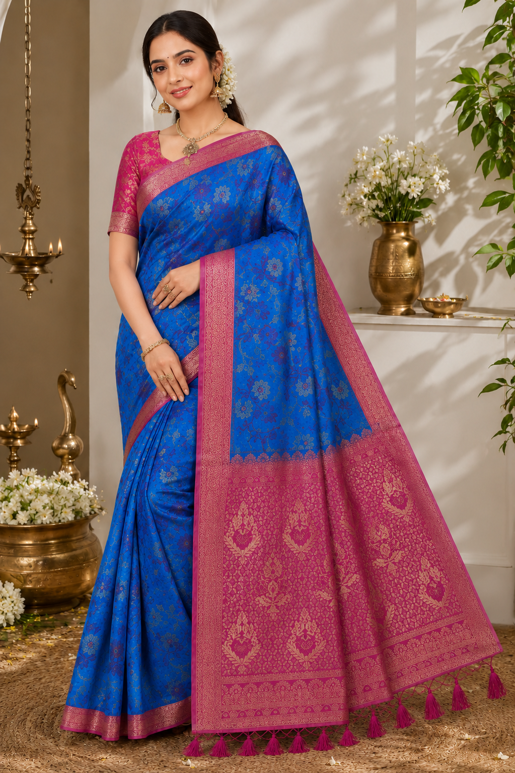 Turquoise Blue Soft Silk Kanjivaram Saree with Magenta Pink Zari Pallu