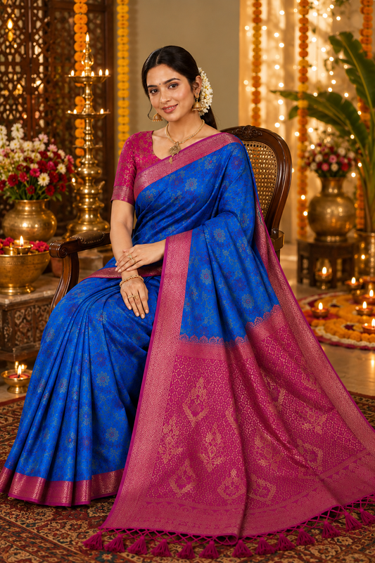 Turquoise Blue Soft Silk Kanjivaram Saree with Magenta Pink Zari Pallu