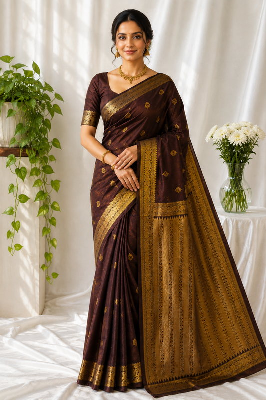 ✨ Elegant Coffee Brown Kanjivaram Saree with Golden Zari Pallu