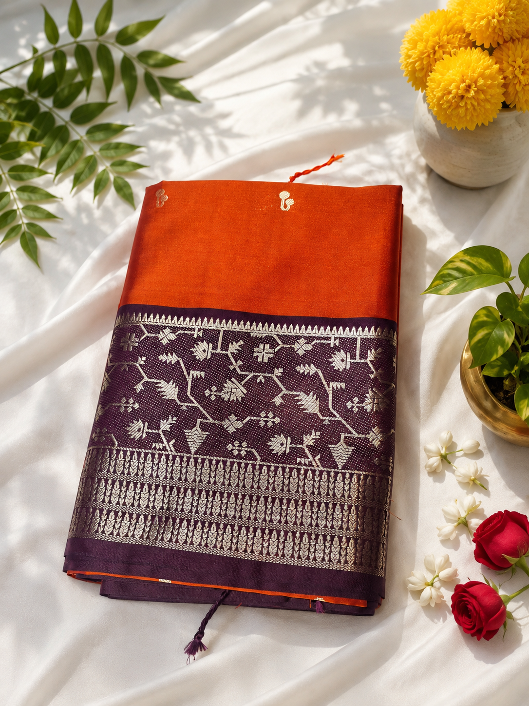 Rust Orange Kanjivaram Soft Silk Saree with Contrast Double Border