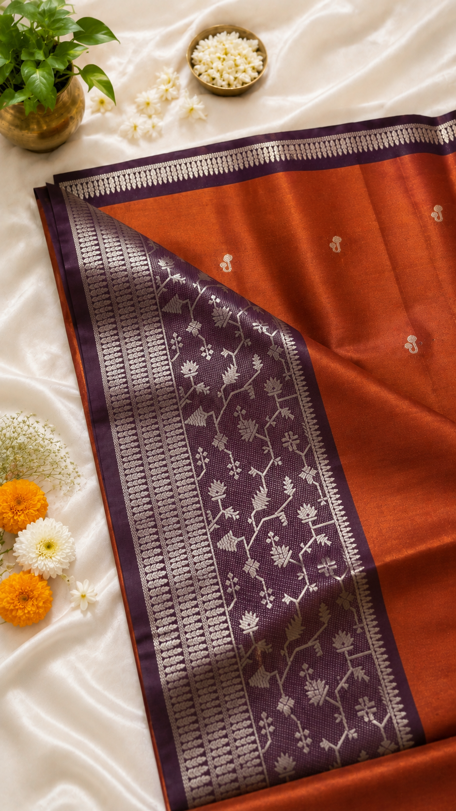 Rust Orange Kanjivaram Soft Silk Saree with Contrast Double Border