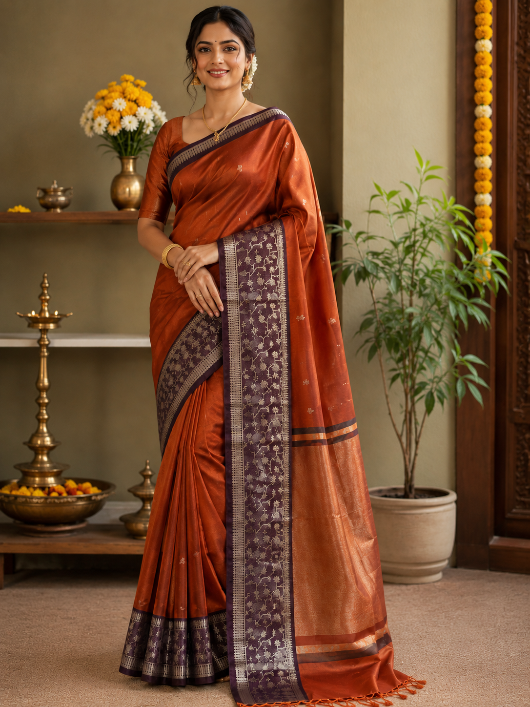 Rust Orange Kanjivaram Soft Silk Saree with Contrast Double Border