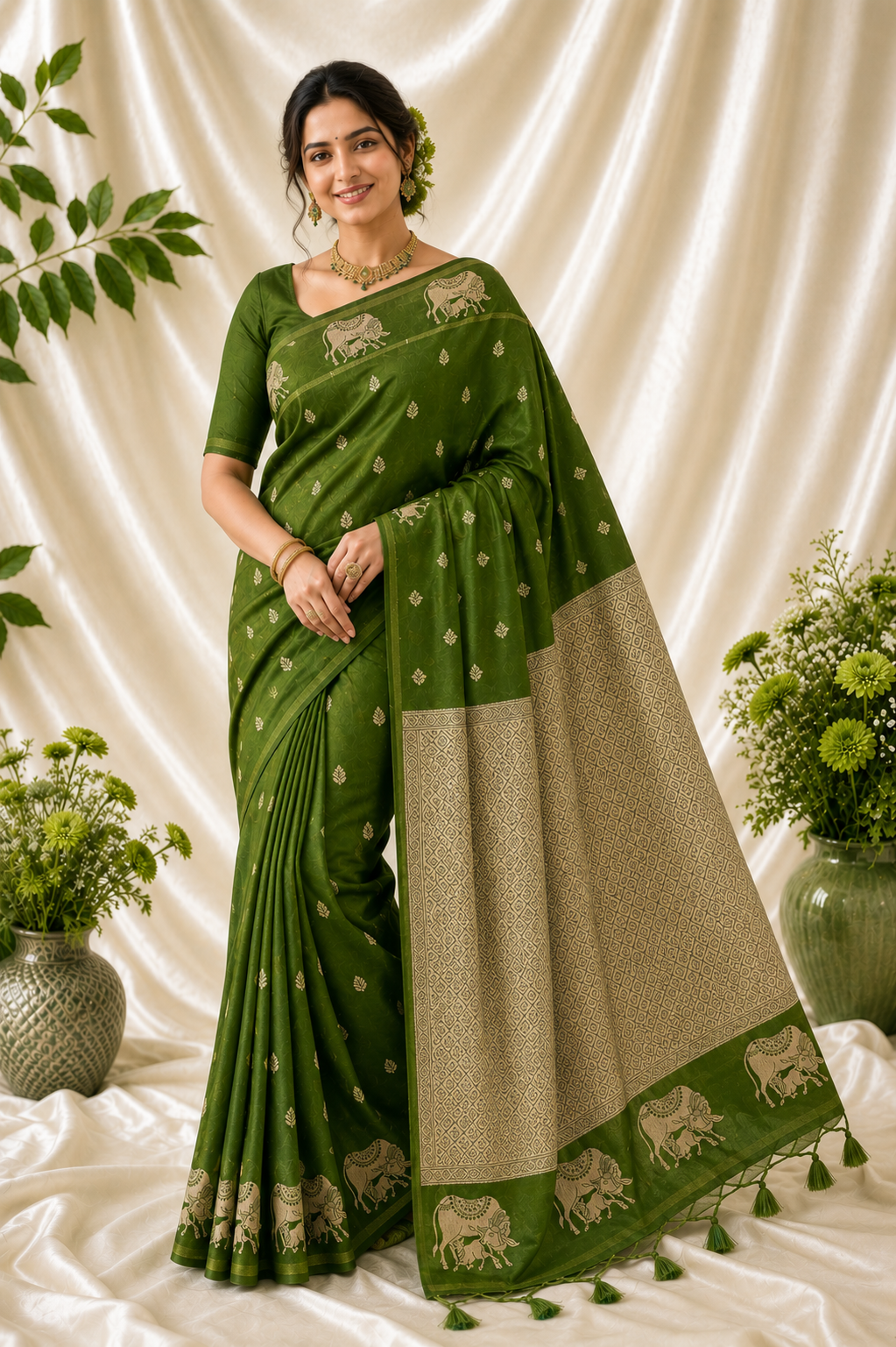 Emerald Kamdhenu Soft Silk Saree |Pichwai Border & Pallu