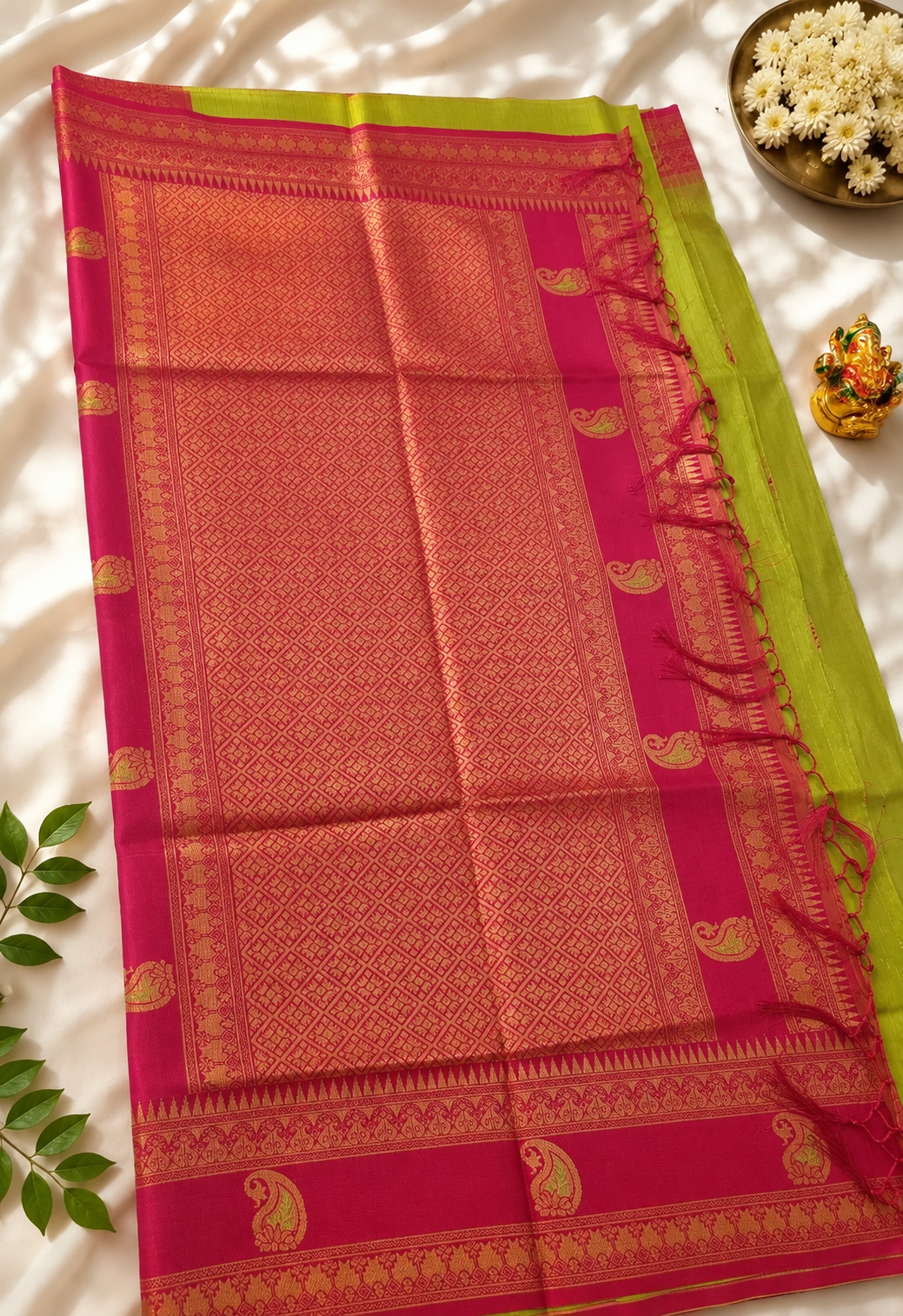 Olive Green & Red Silk Saree | Gold Zari Pallu with Paisley Motifs