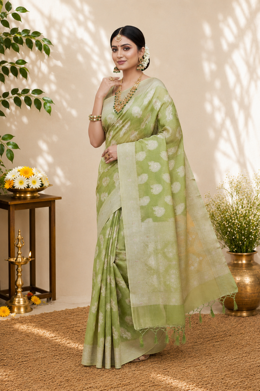 Light Green Soft Silk Saree | Silver Leaf Motifs & Zari Pallu