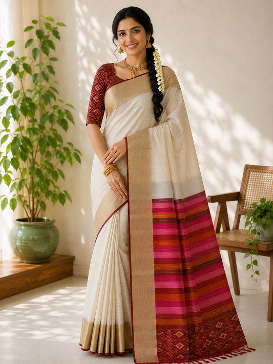Pure Handloom Jute Silk Saree – Ivory Body with Multicolour Striped Pallu
