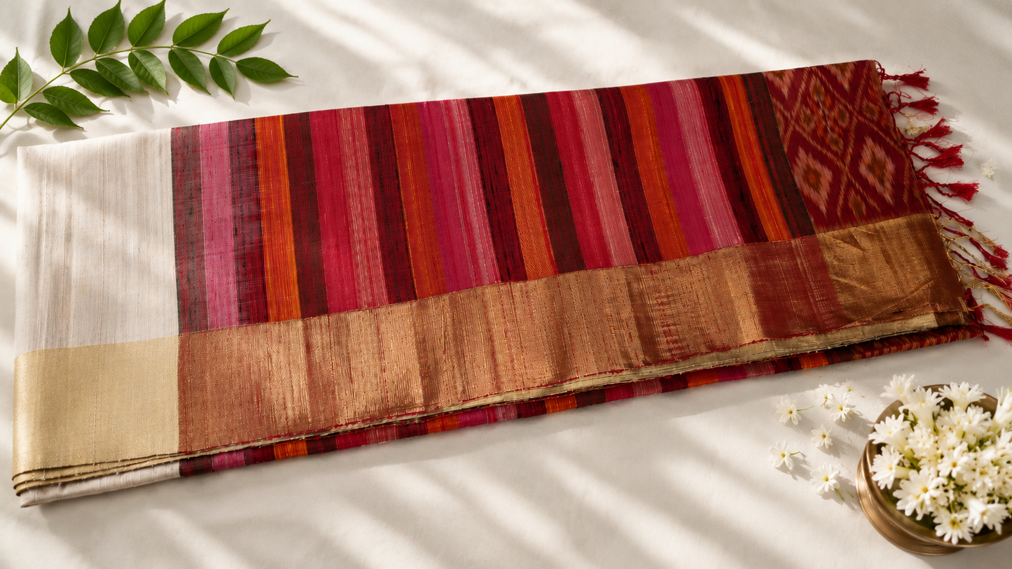 Pure Handloom Jute Silk Saree – Ivory Body with Multicolour Striped Pallu