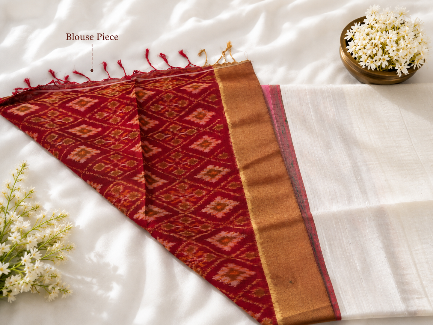 Pure Handloom Jute Silk Saree – Ivory Body with Multicolour Striped Pallu
