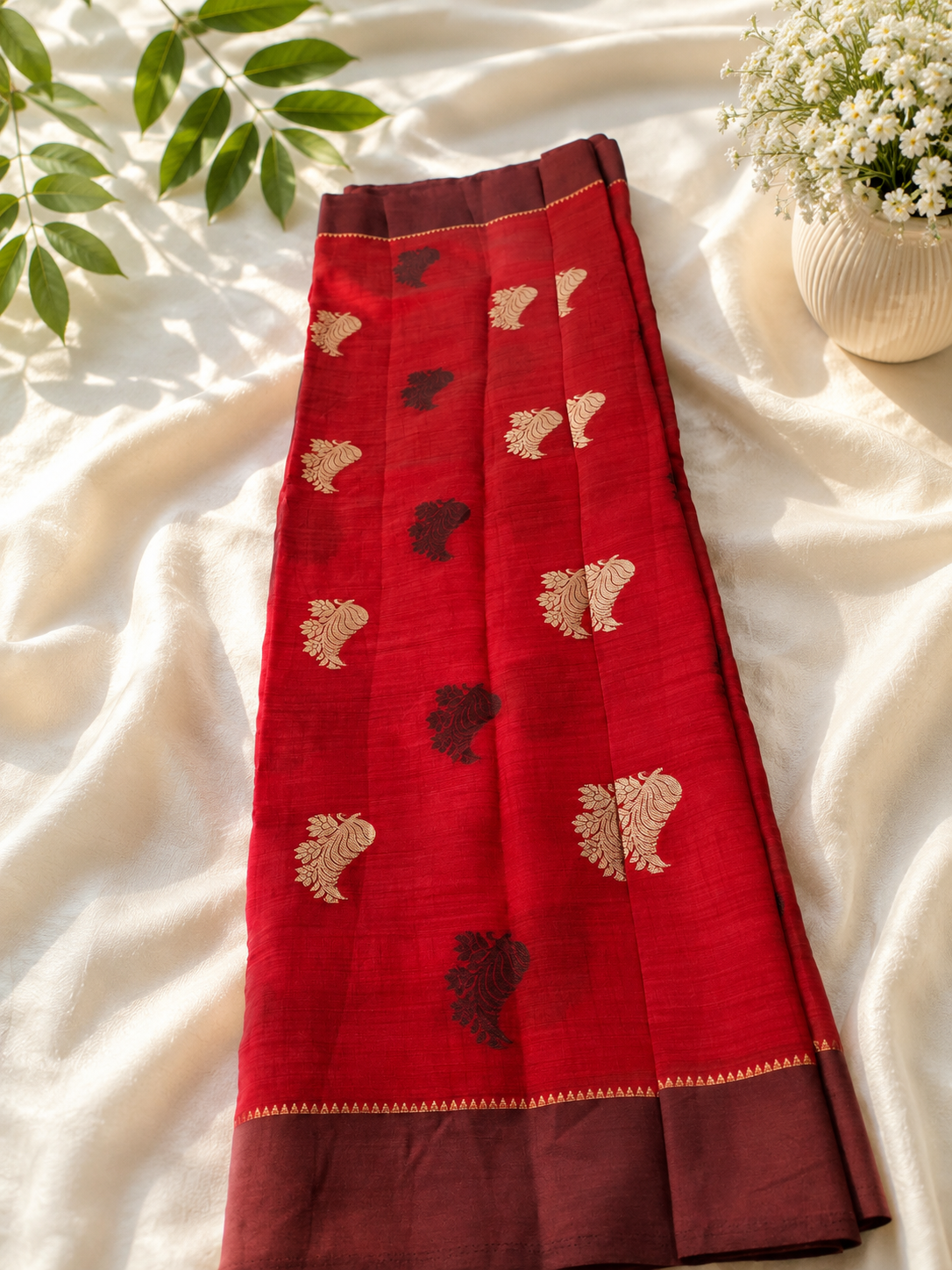 Crimson Red Soft Silk Saree | Gold Zari Butta Weave | Coffee Brown Border