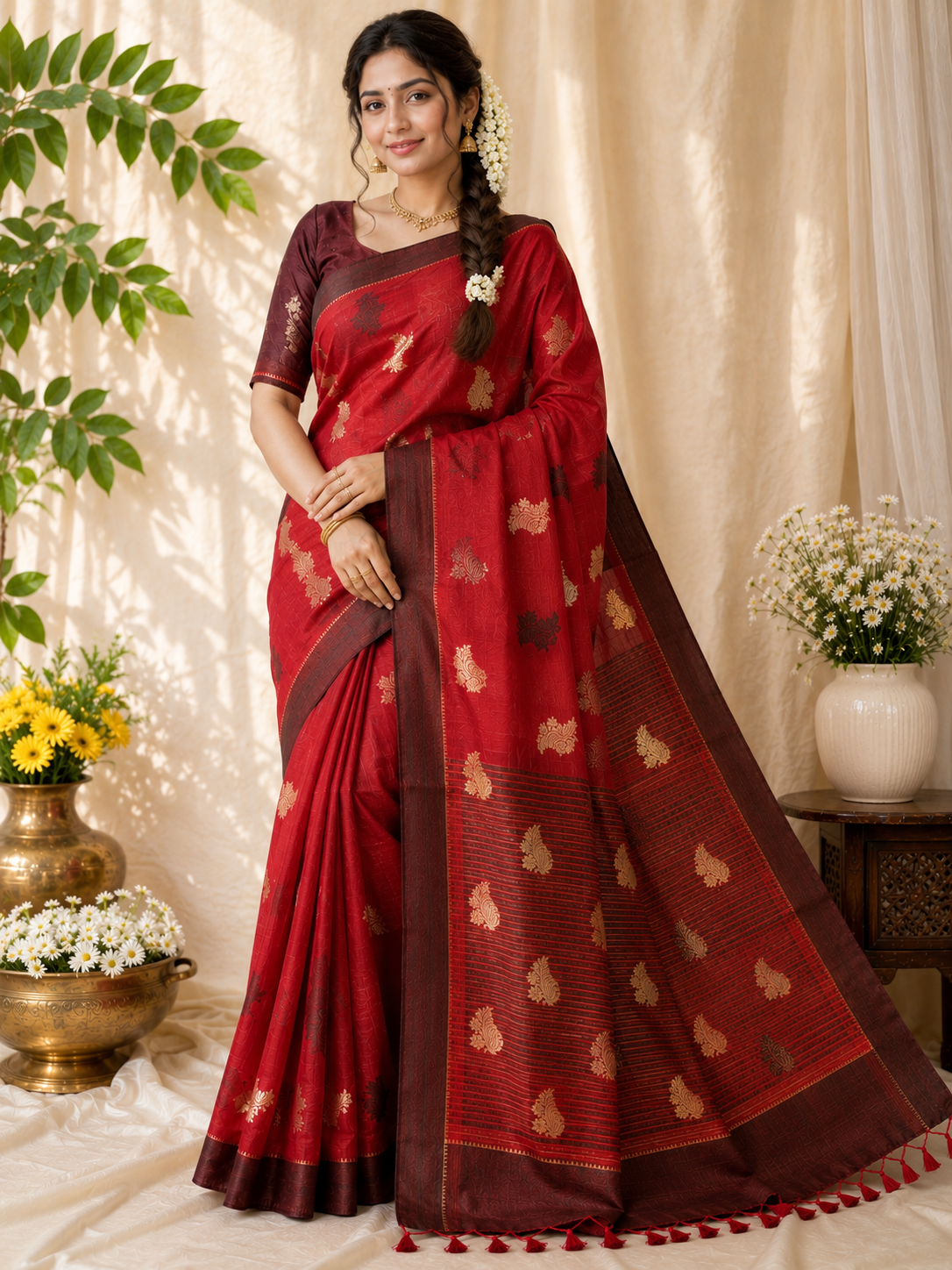 Crimson Red Soft Silk Saree | Gold Zari Butta Weave | Coffee Brown Border