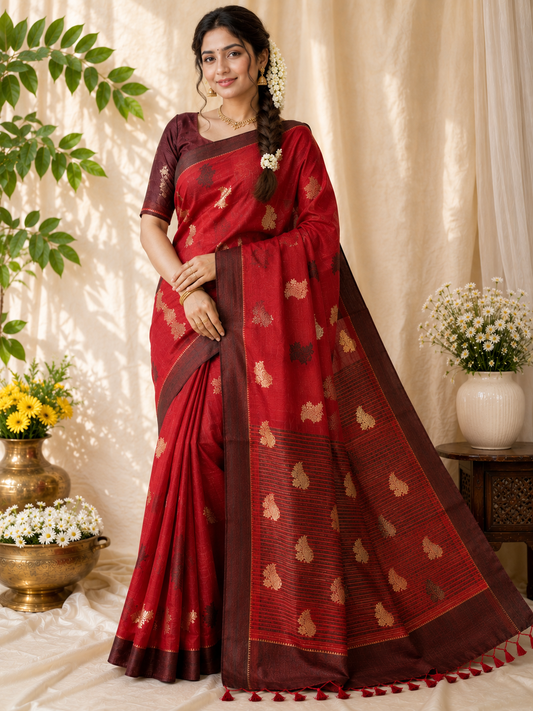 Crimson Red Soft Silk Saree | Gold Zari Butta Weave | Coffee Brown Border