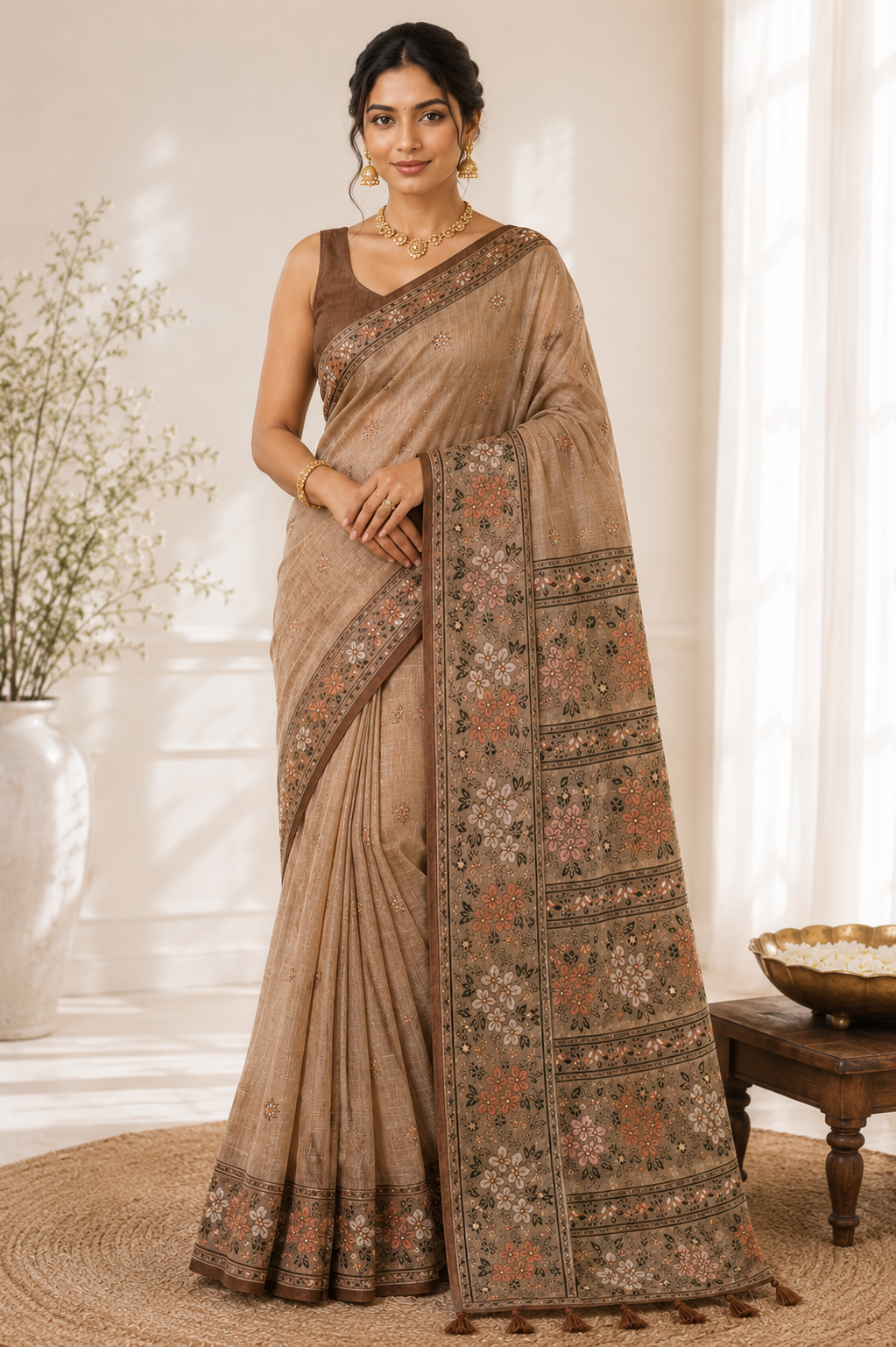 Chikoo Brown Cotton Silk Saree | Meenakari Zari Handwoven Floral & Leaf Motifs